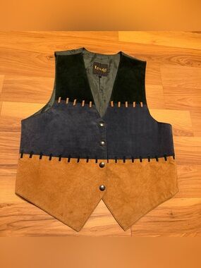 Vintage Western Learsi Suede Leather Colorblock Vest - Green, Navy & Camel